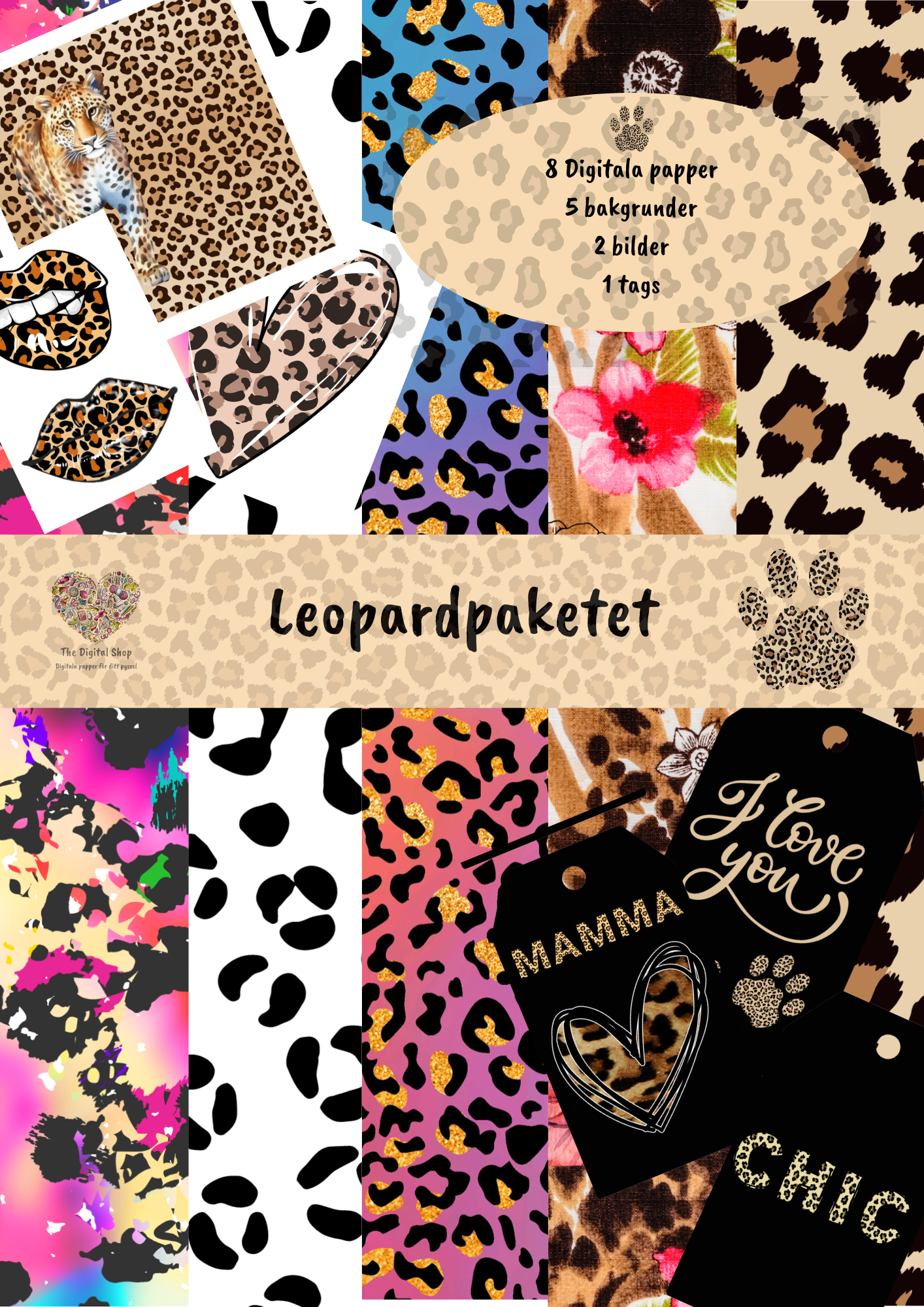 Digitala papper för scrapbooking - Leopardpaketet